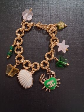 Gold-Tone Charm Bracelet with Green Crab Logo Accent